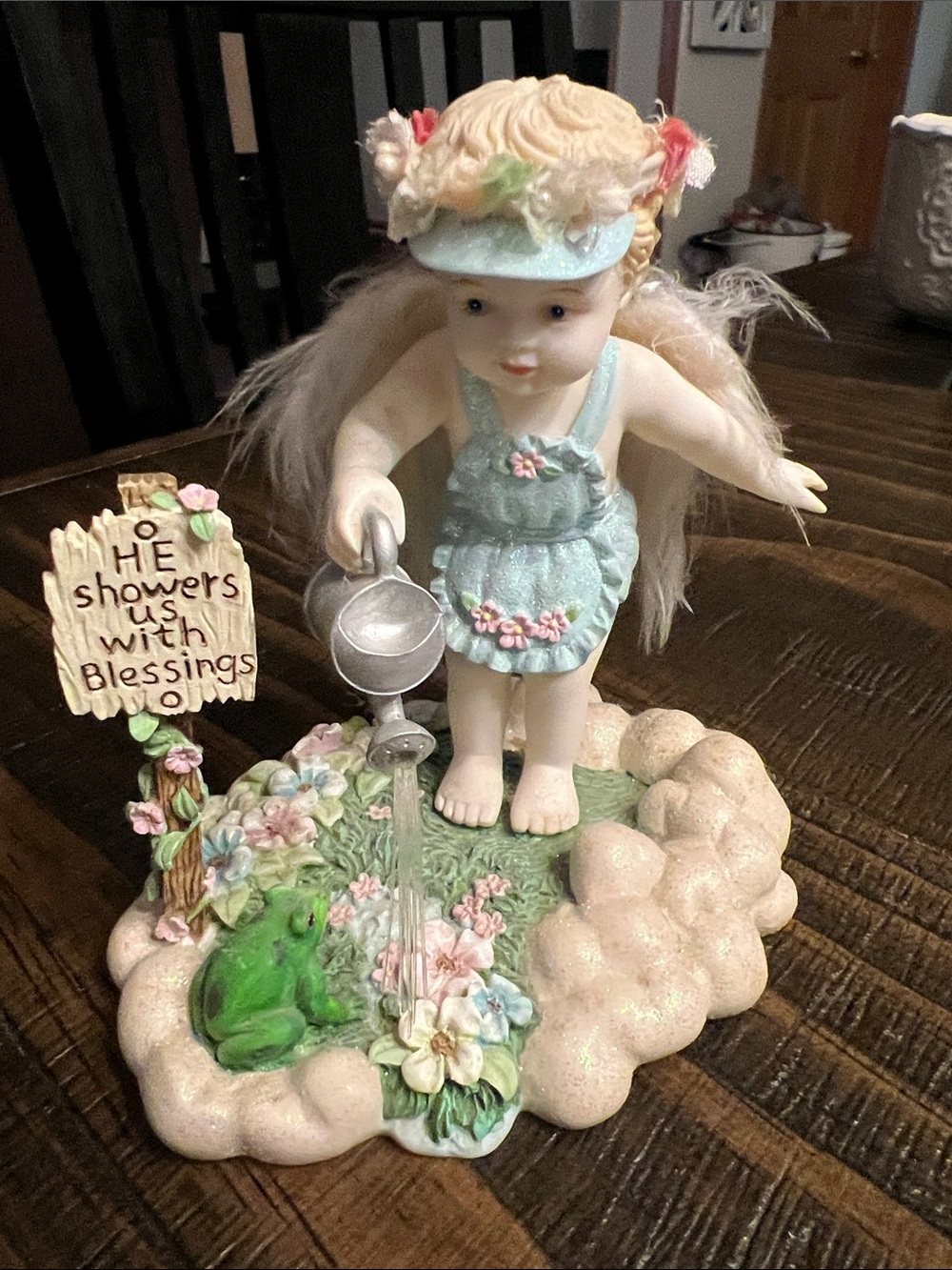 Whimsical Cherub Girl Watering Figurine in Pastel Blue
